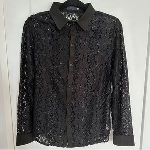 Elegant, sexy black embroidered semi see-through men’s small button-down shirt